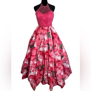 Sherri Hill Hot Pink Floral Print Halter Gown